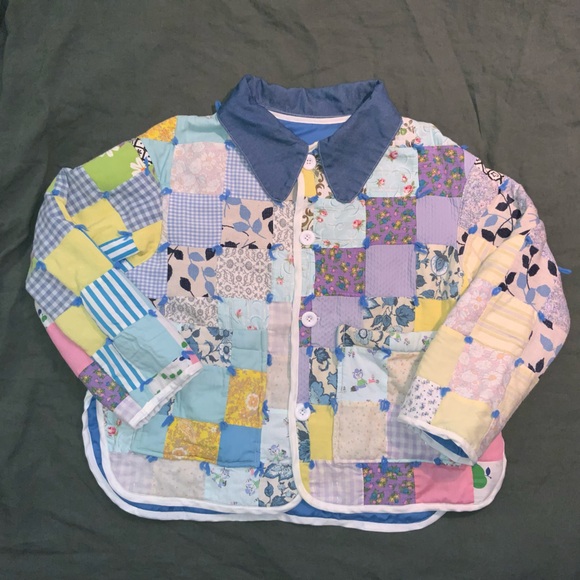 Handmade Jackets & Blazers - handmade quilt coat patchwork yarn ties blue floral gingham denim collar L/XL